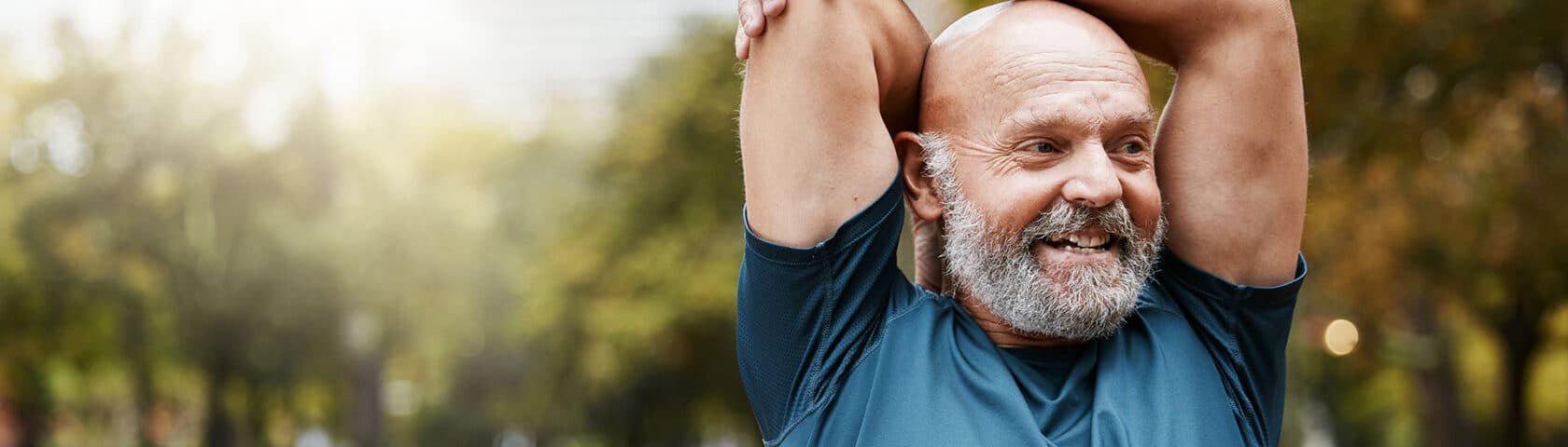 Stretching, Fitness And Running With Old Man In Park For Health, Workout Or Sports With Mockup. Warm Up, Retirement And Exercise With Senior Runner In Nature For Training, Jogger And Cardio Endurance