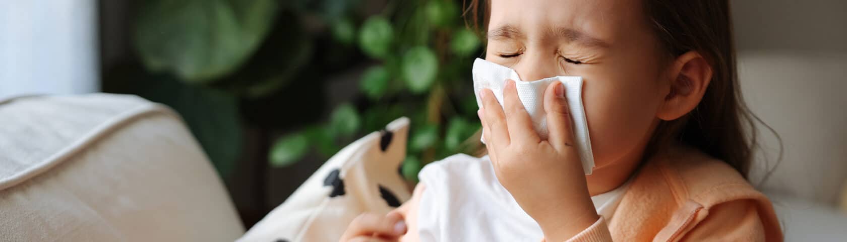 Little Girl Gets Cold And Blows Her Nose At Home.