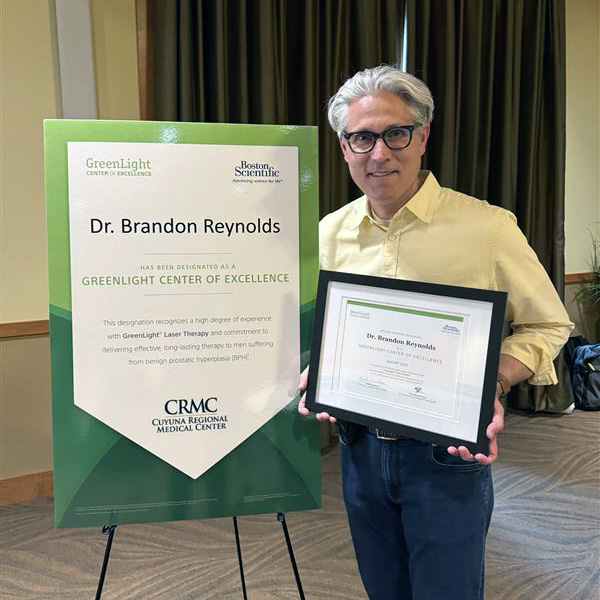 Dr. Brandon Reynolds of CRMC recognized as a GreenLight™ Laser Therapy Center of Excellence physician for advanced training in BPH treatment.