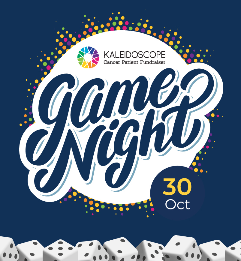 Kaleidoscope Game Night graphic promoting CRMC’s cancer patient fundraiser on October 30, supporting the Courage Cabinet fund.