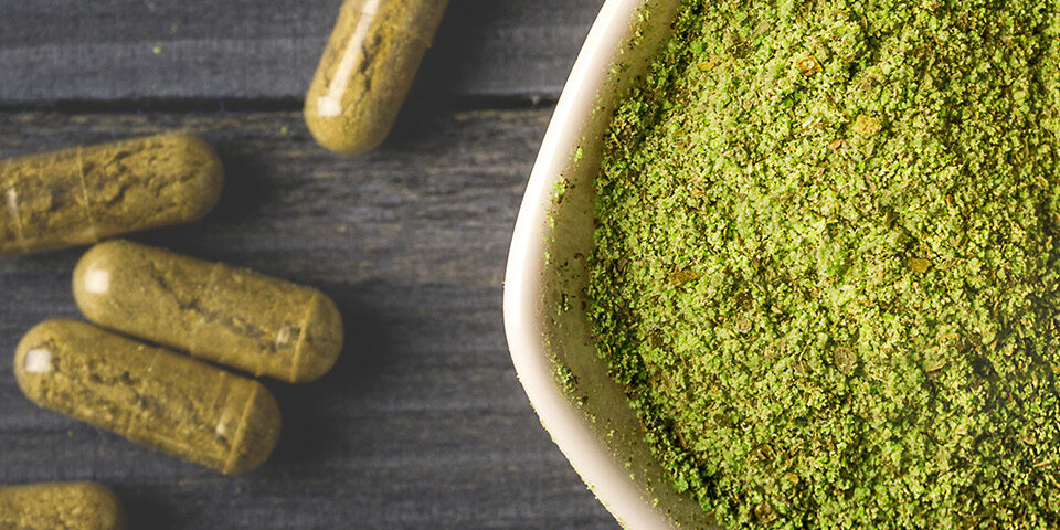 Close-up of powdered kratom and capsules, highlighting the herbal supplement’s risks, addictive potential, and health concerns.
