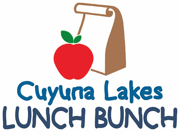 Cuyuna Lakes Lunch Bunch logo featuring a red apple with green leaves beside a brown paper lunch bag.