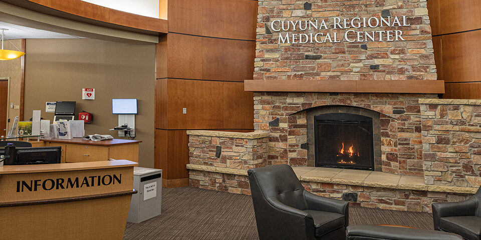 Comforting lobby with a fireplace at Cuyuna Regional Medical Center in Crosby, MN.