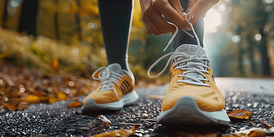 Person tying running shoes on a trail, illustrating foot and ankle movement and active lifestyle related to foot and ankle care.